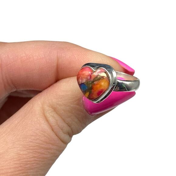 Kingman Pink Dahlia Turquoise Ring Size 6 Solid 925 Sterling Silver Heart Shaped - Picture 6 of 8